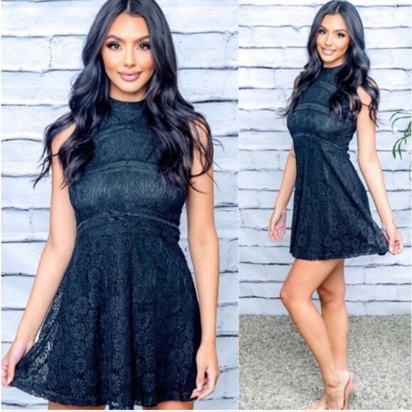 Francesca's Women's Sleeveless Lace Mock Neck Fit & Flare Mini Dress in Black - Picture 12 of 13